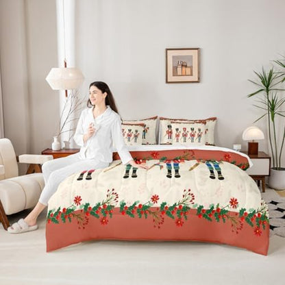 Erosebridal Nutcracker 7 Piece Bedding Set King Soldier Comforter Set with Sheets Xmas Holiday Bed in a Bag Christmas Red Flowers Cute Cartoon Bed Sets Comforter