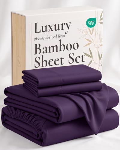 Hotel Sheets Direct 4 Piece Bed Sheet Set Full Size, 100% Viscose Derived from Bamboo Sheets Set with 2 Pillowcases, Cooling & Breathable Luxury Bedding, Moisture-Wicking & Silky Soft Texture, Purple