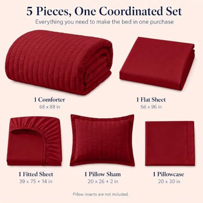 CozyLux Twin Comforter Set, 5 Pieces Dark Red Seersucker Bed in a Bag