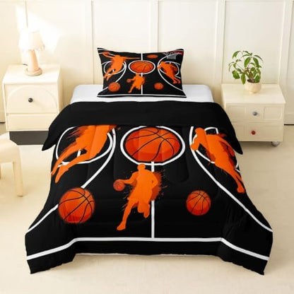 Basketball Court Comforter Set Twin Size,Ball Sport Games Theme Bed in a Bag 2Pcs for Kids Girls Boys Teens Room Decor,Basketball Hoop Sports Duvet Insert Geometric Lines Down Comforter,1 Pillowcase