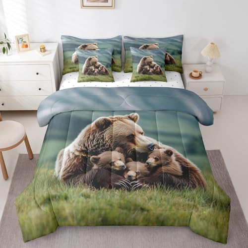 Erosebridal 7 Piece Bear Family Comforter Set Twin Rustic Wild Animals Bedding Set Country Woodland Bear Bed in a Bag for Boys Girls Farmhouse Cabin Sheet Set with Comforter Natural Wildlife Decor
