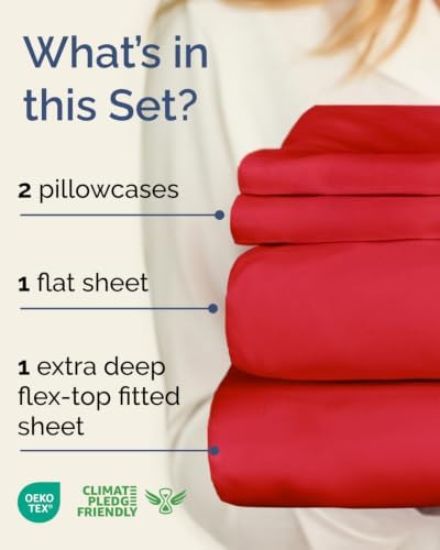Flex Top Split Head King Sheet Set - 4 Piece Extra Deep Sheets - Red