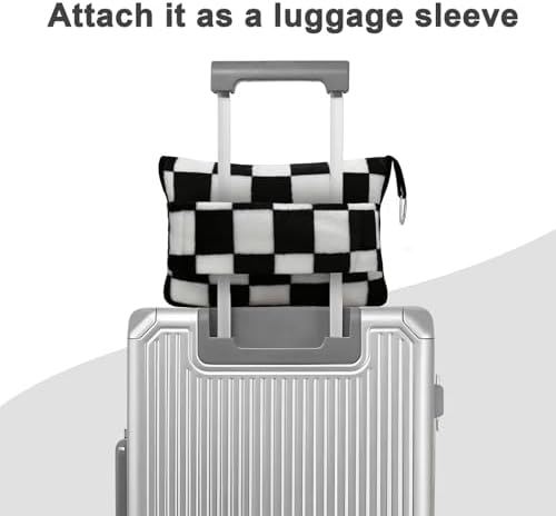Travel Blanket and Pillow Compact, Premium Soft 2 in 1 Airplane Blanket with Soft Bag Pillowcase，Hand Luggage Sleeve and Backpack Clip (Checkered Black)