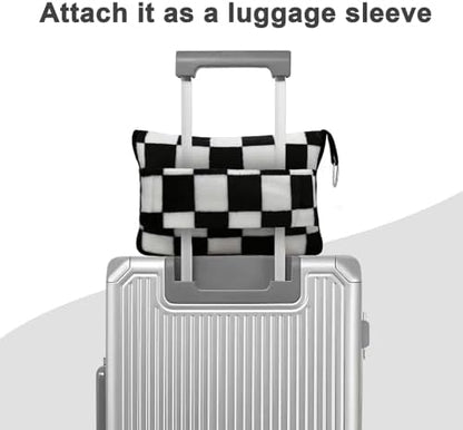 Travel Blanket and Pillow Compact, Premium Soft 2 in 1 Airplane Blanket with Soft Bag Pillowcase，Hand Luggage Sleeve and Backpack Clip (Checkered Black)