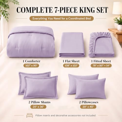 CozyLux King Size Comforter Set Lavender, 7 Pieces Bed in a Bag