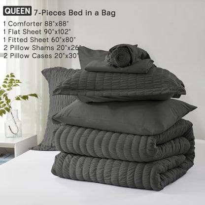 Queen Comforter Set 7 Piece, Dark Grey Bed in a Bag Queen Bedding Sets