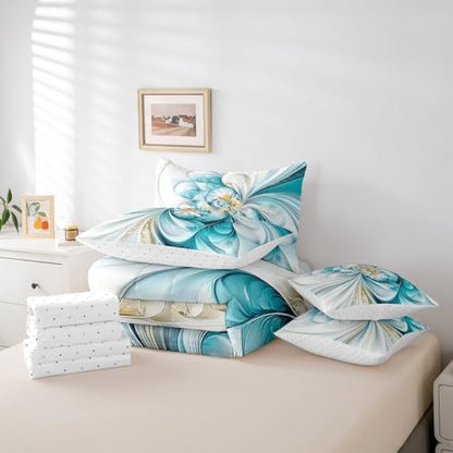 Erosebridal Marble Texture Comforter Set Full Size,Abstract Floral Bedding Set for Kids Teens,Teal Gradient Tie Dye (Comforter+Fitted+Flat Sheet+2 Pillowcases+2 Throw Pillow Covers) 7 Pieces Bed Set