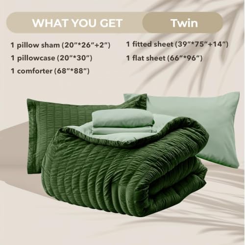 HYMOKEGE Dark Green/Sage Green Twin Comforter Set Seersucker 5 Pieces, All Season Luxury Bed in a Bag for Bedroom, Bedding Set with Comforter, Sheets, Pillowcase & Sham