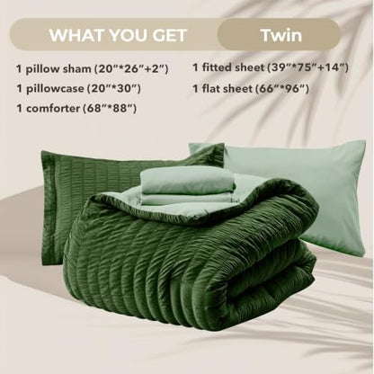 HYMOKEGE Dark Green/Sage Green Twin Comforter Set Seersucker 5 Pieces, All Season Luxury Bed in a Bag for Bedroom, Bedding Set with Comforter, Sheets, Pillowcase & Sham