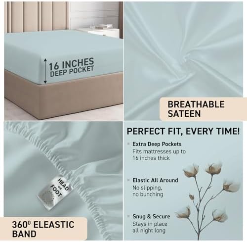 100% Egyptian Cotton California King Sheet Sets 6-PC 16" Deep, Light Blue