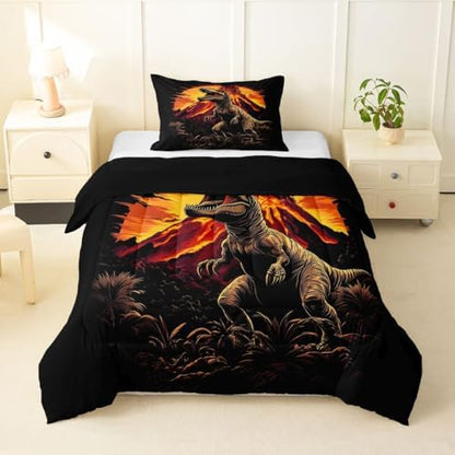 Feelyou Kids Dino Kids Comforter Set Toddler Size Dinosaur Bedding Set Volcano Duvet Quilt for Kids Boys Girls Bedroom Ancient Jungle Dinosaur Decor Yellow Black Microfiber Ultra Soft Breathable