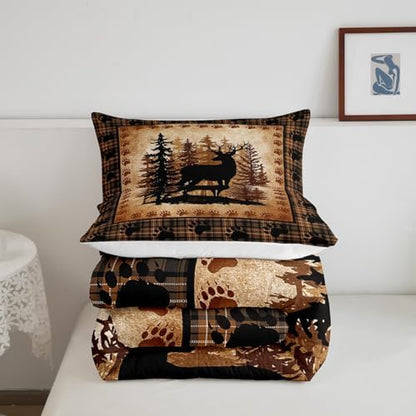 Castle Fairy Deer Bear Plaid Comforter Set Queen Size,Animal Hunting Bear Print Bedding Set for Women Adult,Pine Trees Rustic Retro Grid Luxury Bed Duvet Insert, 2 Pillowcases