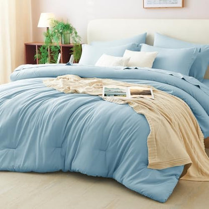 CozyLux Full Size Comforter Set Light Blue, 7 Pieces Bed in a Bag