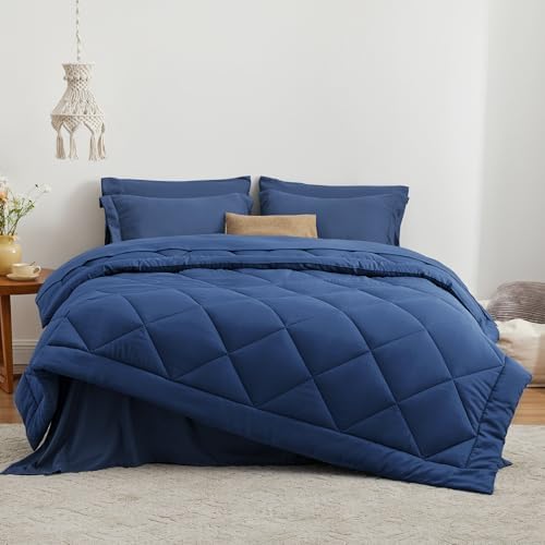 Love's cabin Queen Comforter Set Dark Blue, 7 Pieces Queen Bed in a Bag, All Season Bedding Sets with 1 Comforter, 1 Flat Sheet, 1 Fitted Sheet, 2 Pillowcase and 2 Pillow Sham