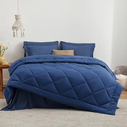 Love's cabin King Size Comforter Set Dark Blue, 7 Pieces King Bed in a Bag, All Season Bedding Sets with 1 Comforter, 1 Flat Sheet, 1 Fitted Sheet, 2 Pillowcase and 2 Pillow Sham