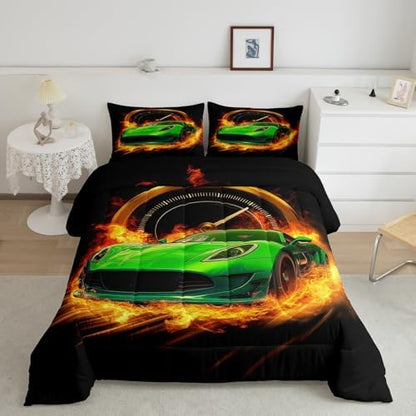 Erosebridal King Size Race Car Comforter Set for Boys Girls,Green Cars Toddler Bedding Set Race Car Room Decor for Boys,Kids Sports Car Bedding Sets Lightweight Soft Racing Car Quilt Bed Set 3Pcs
