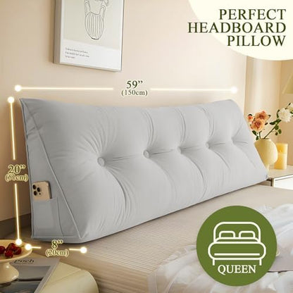 DANGHOOGY Headboard Pillow Queen, Large Triangular Wedge Headboard Pillow for Reading and Resting, Backrest Positioning Support Pillow with Removable Cover (Light Grey)
