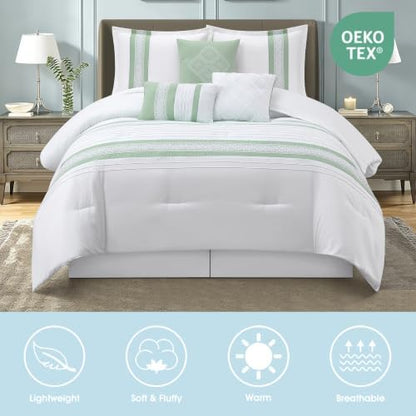 LANCO MODERN LIFESTYLE 7 Piece Comforter Set, Sage White, California King, Boho Style Geometric Microfiber Embroidery, Bed in a Bag with Bedskirt, Pillow Shams and Decor Pillows