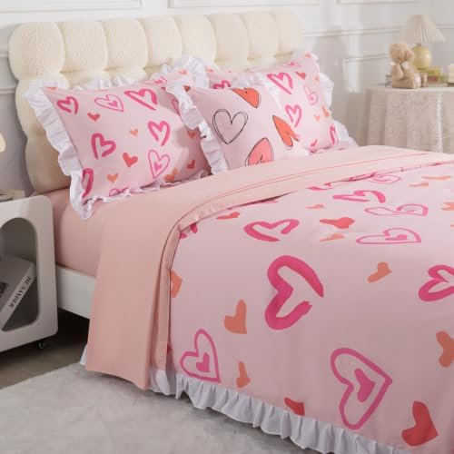 6 Pieces White Ruffle Comforter Set Twin Heart Bedding for Girls