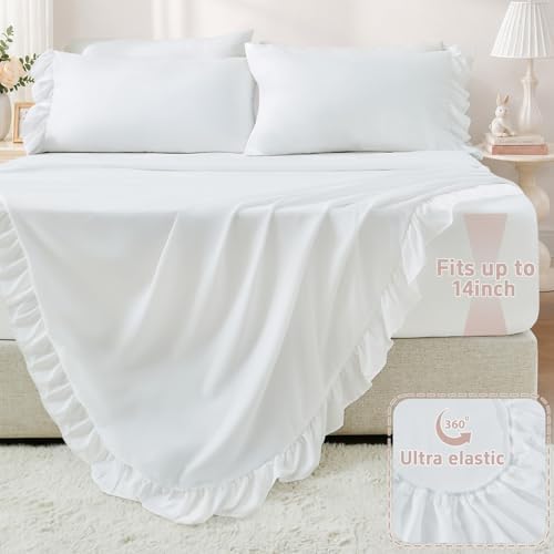 FUANNA Queen Sheets 4 Pieces - White Sheets with 4-Inch Ruffles Bed Skirt
