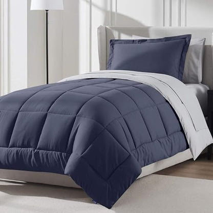 Nestl 7 Piece Twin XL Comforter Set – Navy Reversible Bed in a Bag – Complete Twin XL Size Bedding Set with Sheets, Set of 2 Down Alternative Pillows, Pillowcase and Sham