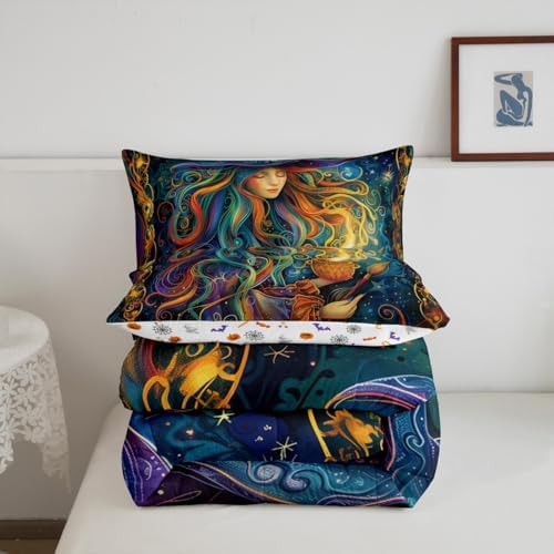Magical Witch Kids Comforter Set King Size,Star Moon Starry Sky Galaxy Trippy Bedding Set,Girls Boys Room Decor,Happy Halloween Gothic Western Quilt Comforter,Colorful Duvet Insert,2 Pillowcases