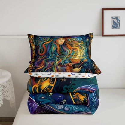 Magical Witch Kids Comforter Set King Size,Star Moon Starry Sky Galaxy Trippy Bedding Set,Girls Boys Room Decor,Happy Halloween Gothic Western Quilt Comforter,Colorful Duvet Insert,2 Pillowcases