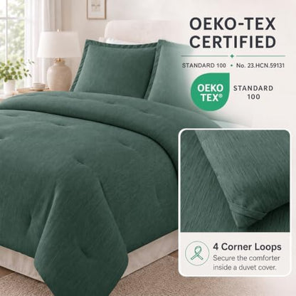 CozyLux Queen Comforter Set, Heathered Dark Green, 3 Pieces Bedding Sets