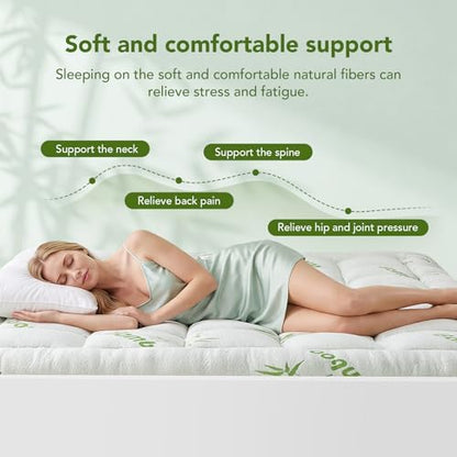 Full XL Size Mattress Topper Viscose Made from Bamboo, Extra Thick Quilted Pillow Top, Naturally Cooling & Breathable for Hot Sleepers, Back Pain Relief, Deep Pocket Skirt Fits 6-18", Green