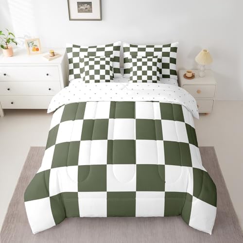 jejeloiu Green and White Comforter Set with Sheets 7 Piece Full Size