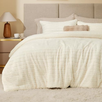 BEDELITE Faux Fur Queen Comforter Set, Fluffy Bed Set, Cream White