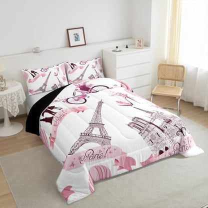 Paris Bedroom Comforter Set Twin France Eiffel Tower Bedding Set for Kids Girls Women Bedroom Decor Pink Butterfly Tower Down Comforter Romance Couple Travel Quilt Duvet Sets with 1 Pillow Case White