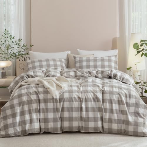 JIYUAN Queen Washed Cotton Duvet Cover Set, 3-Piece, Buffalo Check