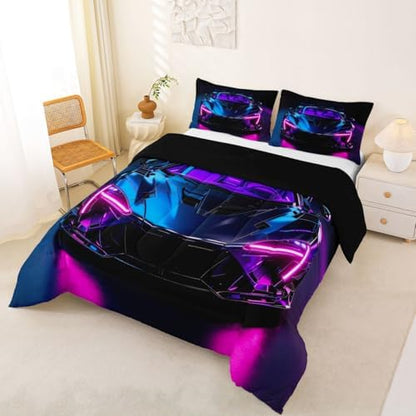 Feelyou Boys Race Car Comforter Set Queen Size Speed Sports Car Bedding Set for Kids Boys Girls Extreme Sports Duvet Quilt Automobile Bedroom Decor Microfiber 3 Pcs with 2 Pillow Cases
