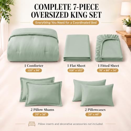 CozyLux Oversized King Comforter Set Sage Green, 7 Pieces Bed in a Bag
