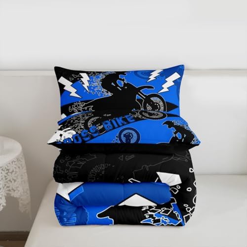 Erosebridal Boys Dirt Bike Comforter Set King Kids Motocross Bedding Set Dirtbike Bedroom Decor for Boys Men Adult,Rider Motorcycle Bed Set Cool Extreme Sports Bedding Sets 3Pcs,Blue Black