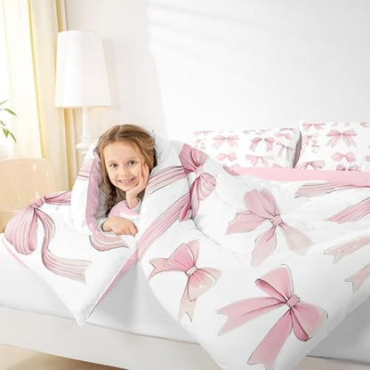 jejeloiu Watercolor Bow Bedding Set Soft for Boys Girls, Cute Pink Bowknot Comforter Set Toddler Size Girls Bow Duvet Quilt Microfiber Bedroom Decor 2 Pcs with 1 Pillow Cases