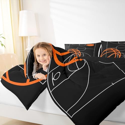 Castle Fairy Basketball Comforter Set Sports Theme Bedding Set for Kids Girls Women Adults Basketball Court Comforter Black and Orange Quilted Duvet Set Bedroom Collection Twin Size 2Pcs