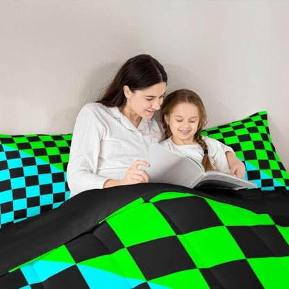 Feelyou Checkered Retro Comforter Set Queen Size Modern Geometric Cute Bedding Set for Kids Boys Girls Teal Green Duvet Quilt Vintage Simple Groovy Aesthetic Bedroom Decor 3 Pcs with 2 Pillow Cases