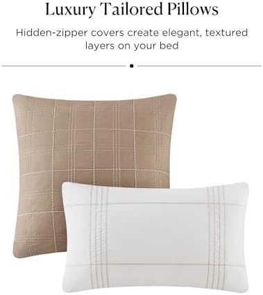 Harbor House Cal King Comforter Set, Stripes Clipped Jacquard, Cotton Oversized Comforter for a Cal King-Size Bed, Farmhouse Bedding, 2 Shams, Bedskirt, 2 Décor Pillows, Morgan, Cal King Ivory/Taupe