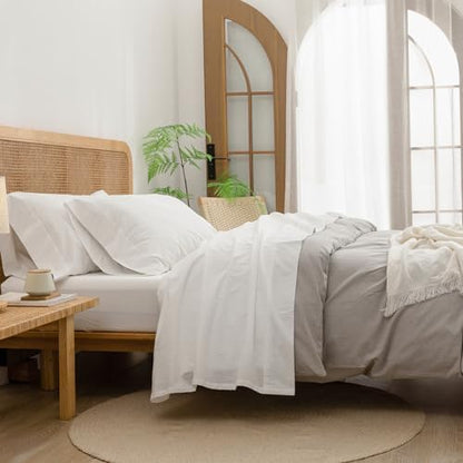 BESTOUCH Full Washed Cotton Linen Feel Sheet Set, 4 Pcs Solid Off White