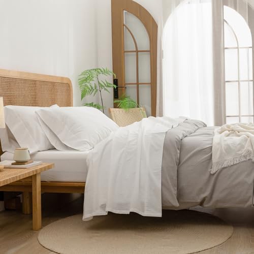 BESTOUCH Twin Washed Cotton Linen Feel Sheet Set, 3 Pcs Solid Off White