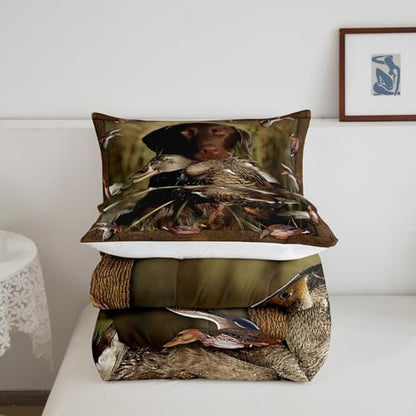 Erosebridal Duck Hunting Bedding Dog Hunter Comforter Set for Kids Boys Girls Wild Animal Mallard Print Duvet and Fishing Farmhouse Theme Quilts Wildlife Flying Full Size 3 Pcs