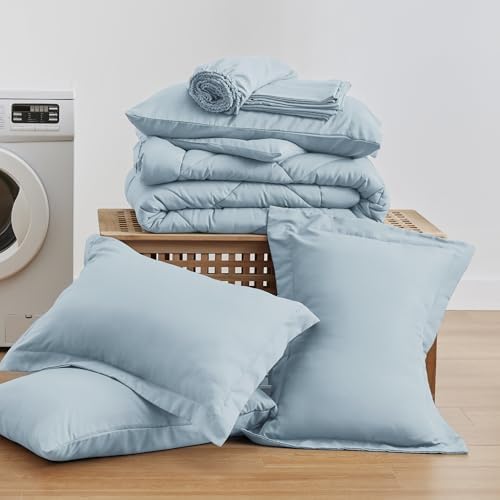 Love's cabin Oversized Queen Comforter Set, 7 Pieces Bed in a Bag, All Season Bedding Sets with 1 Comforter, 1 Flat Sheet, 1 Fitted Sheet, 2 Pillowcase and 2 Pillow Sham, Light Blue