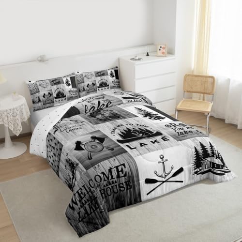 Lake Life Comforter Set Twin Size,Camping Fishing Bedding Set Bear Anchor Pine Print Grid Quilt Set Kids Boys Men Adult Rustic Cabin Room Decor Grey Retro Patchwork Plaid Duvet Insert 2Pcs