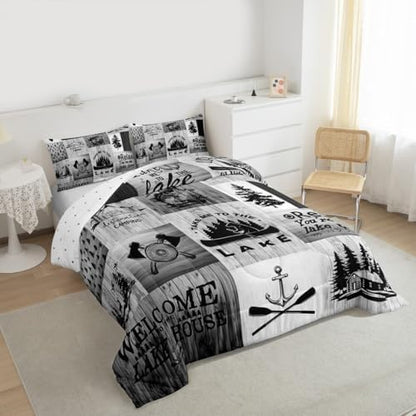 Lake Life Comforter Set Twin Size,Camping Fishing Bedding Set Bear Anchor Pine Print Grid Quilt Set Kids Boys Men Adult Rustic Cabin Room Decor Grey Retro Patchwork Plaid Duvet Insert 2Pcs