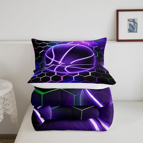 Manfei Purple Basketball Comforter Set King Size, Honeycomb Hexagon Quilt Set with 2 Pillowcases, Colorful Neon Light Lines Bedding Set 3pcs for Kids Boys Girls Sports Theme Duvet Insert