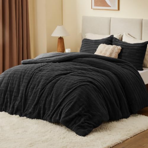 BEDELITE Faux Fur King Size Comforter Set, Fluffy Bed Set, Black