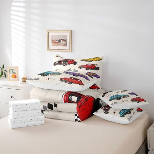 Feelyou Vintage Car Bedding Set 7 Piece Full Size Retro Truck Comforter Set with Sheets for Boys Girls Colorful Race Car Bed in a Bag Room Decor Breathable Soft