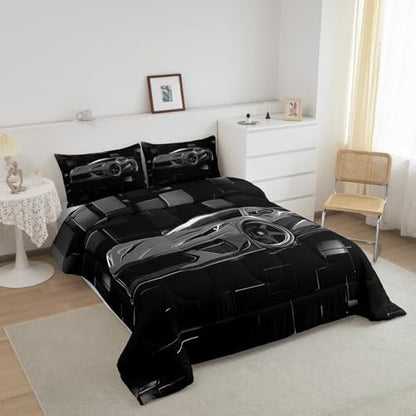 Erosebridal Cool Car Bedding Set Full Size Grey Racing Car Comforter Set 3 Pieces Modern Abstract Geometric Checkered Bedding Comforter Sets Speed Sports Car Down Comforter Teens Bedroom Decor